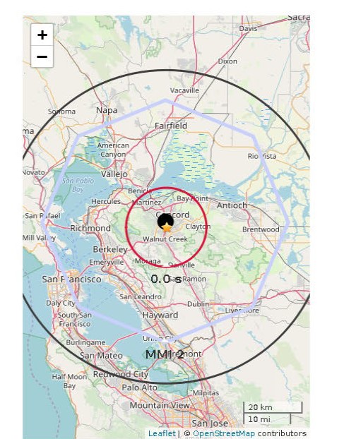 Map showing warning time circles for Pleasant Hill quake