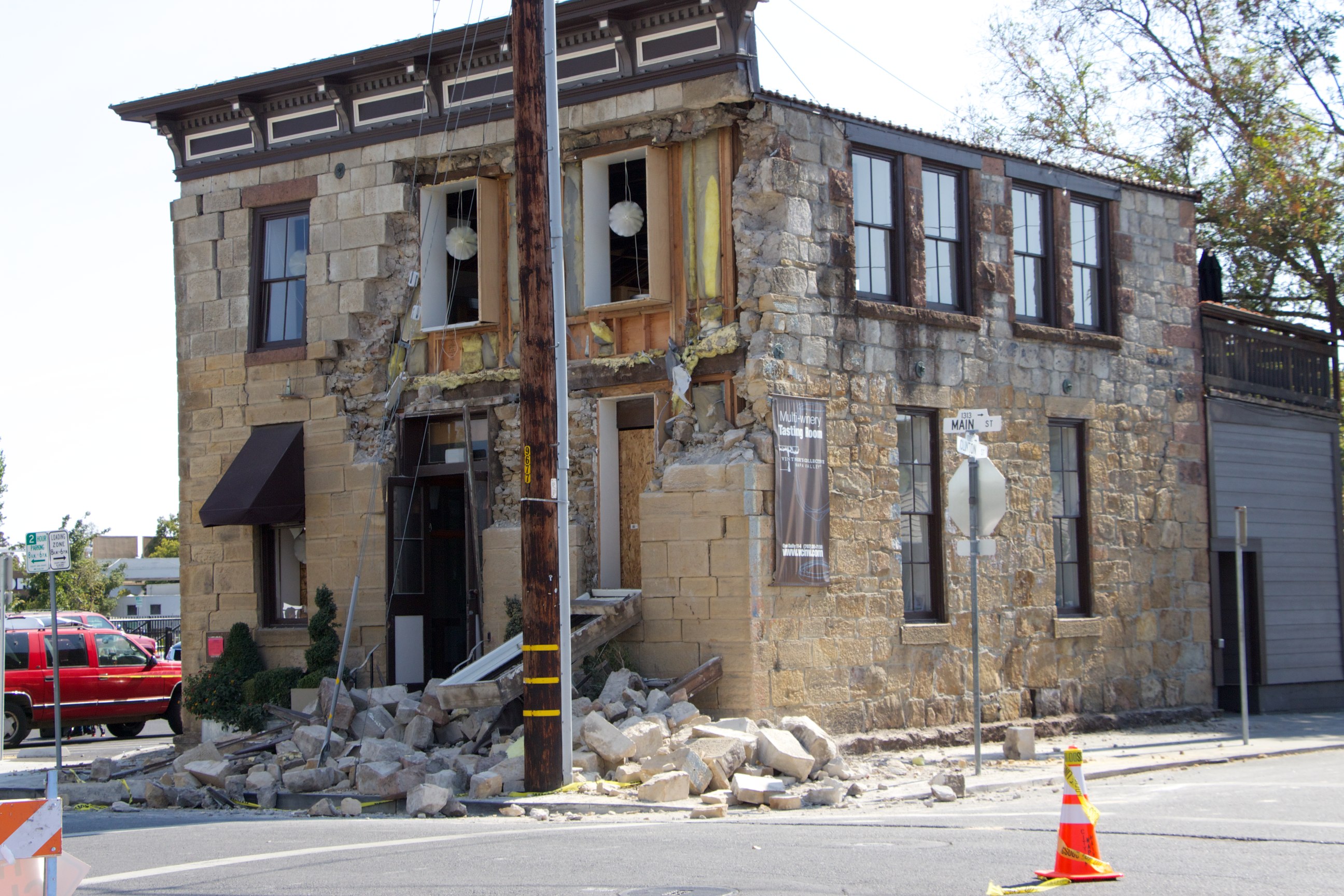 Stones on floor from face of building after 2014 Napa Quake